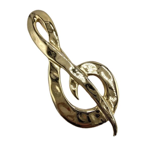 Vintage Musical Note Brooch Pin 3.75" Gold Tone Shiny Hammered Choir Band - Picture 1 of 6